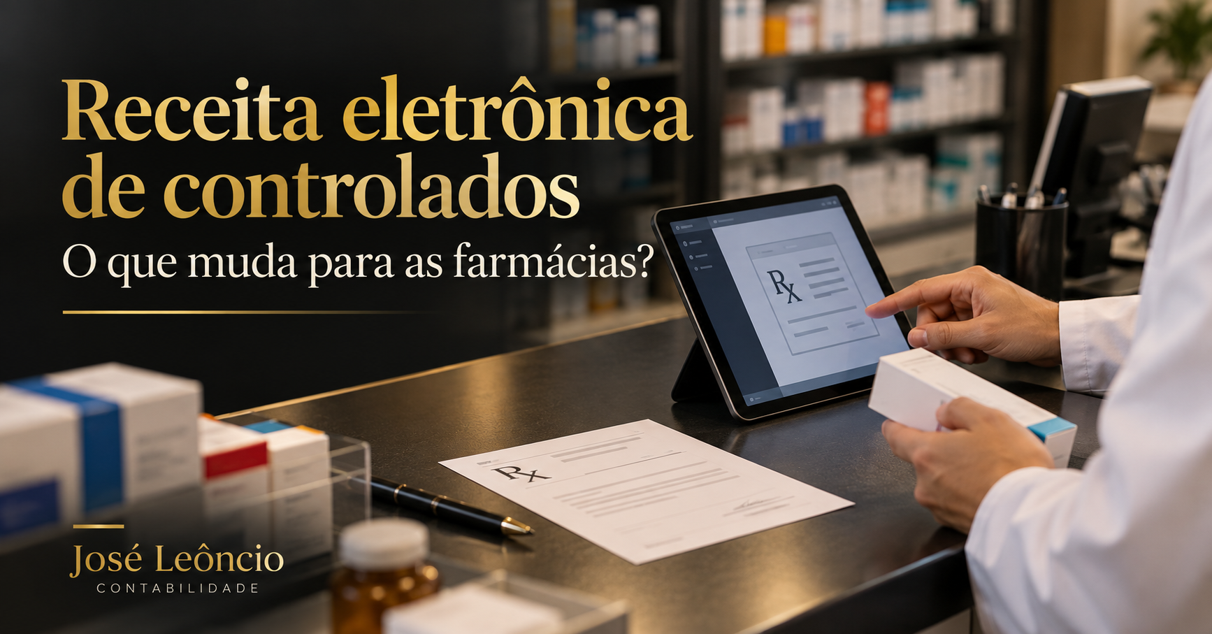 Receitas em papel e tablet no balcão de uma farmácia